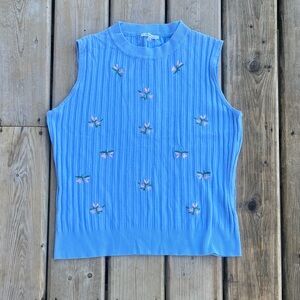 Vila Milano Sleeveless Ribbed Knit Top with Floral Embroidery Size Large